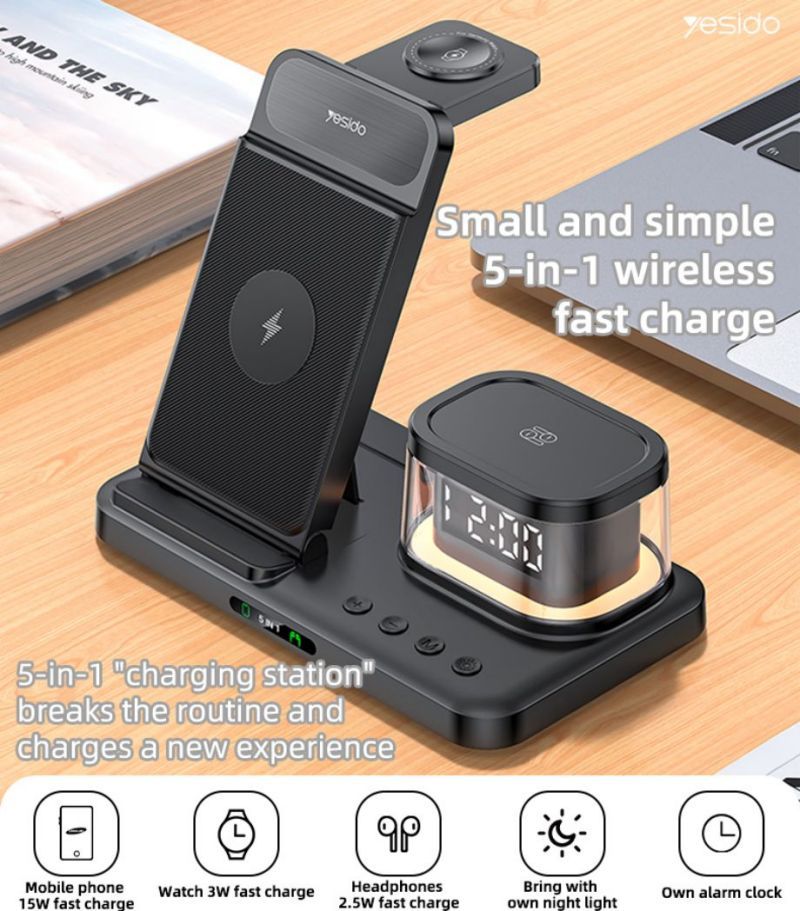5-in-1 15W Fast Charging Double Angle Adjustment Triple Cooling Design Clock Wireless Charger