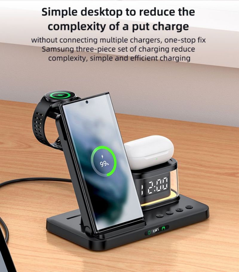 5-in-1 15W Fast Charging Double Angle Adjustment Triple Cooling Design Clock Wireless Charger